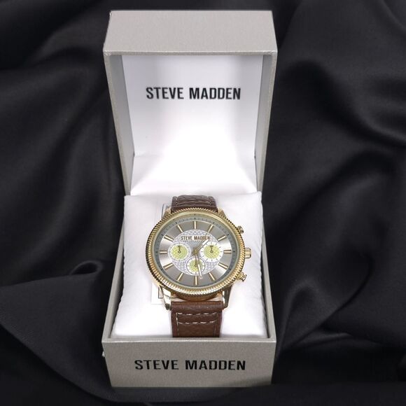 STEVE MADDEN New Men Watch Casual Brown Leather Gold ChRonograph SM-9192SVBN main image 5